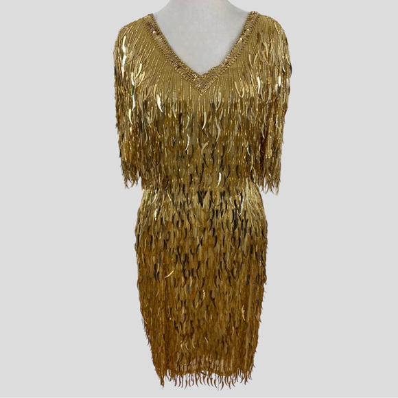 Vintage Dresses & Skirts - Barbie Movie Vintage Black Tie Oleg Cassini Gold Fringe Sequin Bombshell Dress